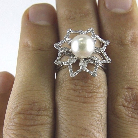 Pearl & Diamond Solitaire Ring 14k WG 1.00Ct 8.5mm